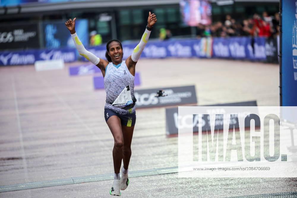 18th October 2026; Amsterdam, Netherlands; TCS Amsterdam Marathon; Aynalem Desta of Ethiopia finishes 2nd AnthonyxBenoit