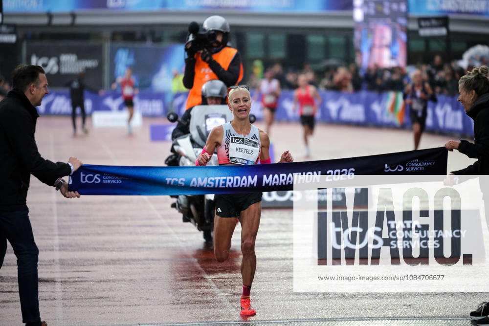 18th October 2026; Amsterdam, Netherlands; TCS Amsterdam Marathon; Mikky Keetels of the Netherlands crosses the finish line as the fastest Dutch woman, 14th, in a personal best time of 2:30:36 AnthonyxBenoit