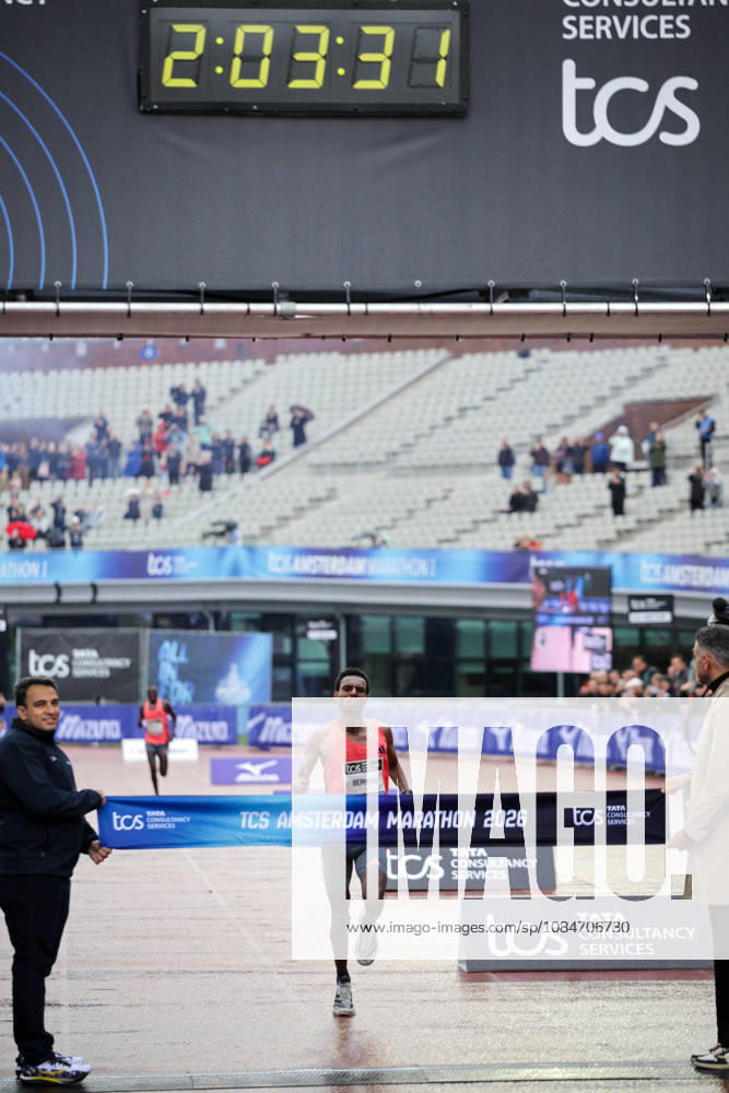 18th October 2026; Amsterdam, Netherlands; TCS Amsterdam Marathon; Lemi Berhanu of Ethiopia breaks the tape to win the male elite race in a personal best time of 2:03:33 AnthonyxBenoit