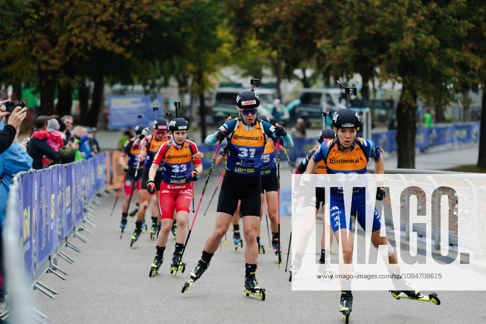 GER, Biathlon, Frauen, IBU Biathlon Loop One Festival 2026, Saison 2026 2027, Super Sprint Qualifikation Damen Heat 1-4 Oceane Michelon ( FRA, 32 ), Julia Tannheimer ( DEU, 34 ), Suvi Minkkinen ( FIN, 31 ), Marthe K. Johansen ( NOR, 33 ) in Führung München Olympiapark Bayern Deutschland