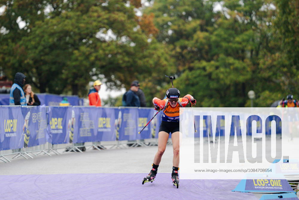 GER, Biathlon, Frauen, IBU Biathlon Loop One Festival 2026, Saison 2026 2027, Super Sprint Qualifikation Damen Heat 1-4 Lea Meier ( SUI, 35 ) in der Kurve München Olympiapark Bayern Deutschland
