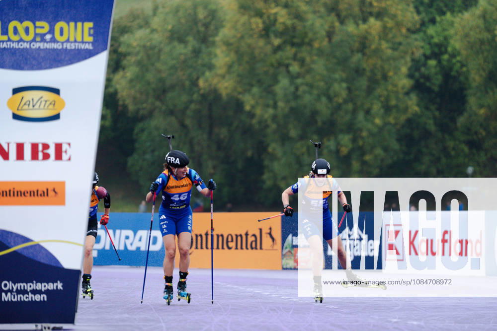GER, Biathlon, Frauen, IBU Biathlon Loop One Festival 2026, Saison 2026 2027, Super Sprint Qualifikation Damen Heat 1-4 Amandine Mengin ( FRA, 55 ), Julia Simon ( FRA, 46 ) beim Zielsprint München Olympiapark Bayern Deutschland