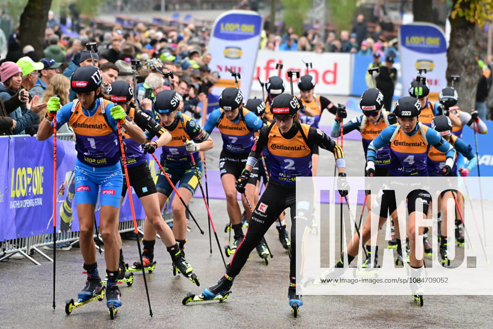 BIATHLON - Start Heat 1 bei der Qualifikation Super Sprint der Damen Herren während des Loop One Biathlon Opening Festival im Olypiapark München am 18.10.2026, Deutschland, Bayern München Hans-Jochen-Vogel-Platz Olypiapark Bayern Deutschland
