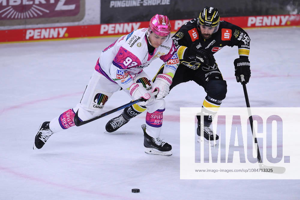 Eishockey Penny DEL 10. Spieltag Krefeld Pinguine - Eisbären Berlin am 18.10.2026 in der Yayla Arena in Krefeld Leonard Pföderl ( Berlin ), vorne - Davis Vandane ( Krefeld ), hinten Gemäß den Vorgaben der DEL Deutsche Eishockey Liga ist die Publikation und Weiterverwertung der Aufnahmen in elektronischen Medien und Endgeräten aller Art während des laufenden Spiels nicht zulässig.