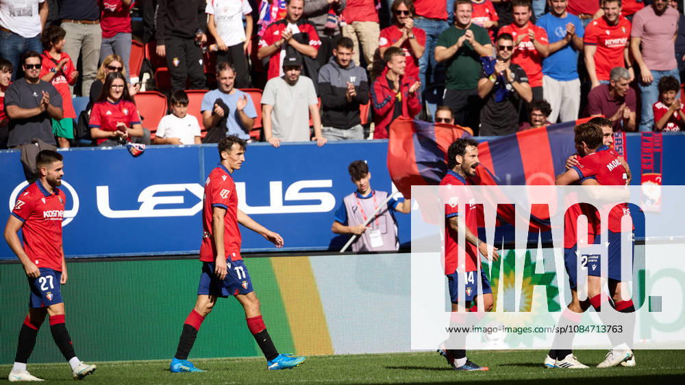 LaLiga EASports 2026 27 CA Osasuna v Racing de Santander Inigo Arguibide (27. OSA) (L), Ante Budimir (17. OSA), Ruben Garcia (14. OSA), Asier Osambela (29. OSA) and Jon Moncayola (7. OSA) (R) celebrate the goal scored by Asier Osambela (29. OSA) for CA Osasuna (2-0) during the football match of LaLiga EA Sports between CA Osasuna and Racing de Santander played at El Sadar stadium in Pamplona (Spain) on Oct 18 2026. Credit: Inigo Alzugaray Agencia LOF Pamplona LaLiga EASports 2026 27 CA Osasuna v Racing de Santander