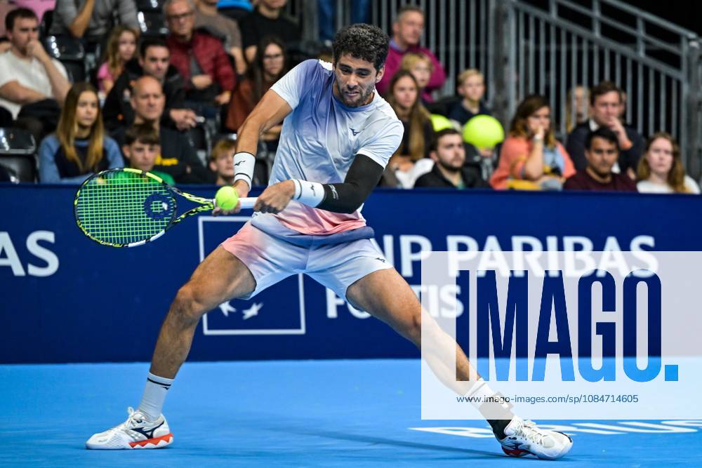 Aziz Dougaz of Tunisia pictured in action during the European Open ATP, Tennis Herren tennis tournament in Brussels, on Saturday 18 October. This year s edition of the tournament is taking place from 17 to 25 October DAVIDxPINTENS x190207663x