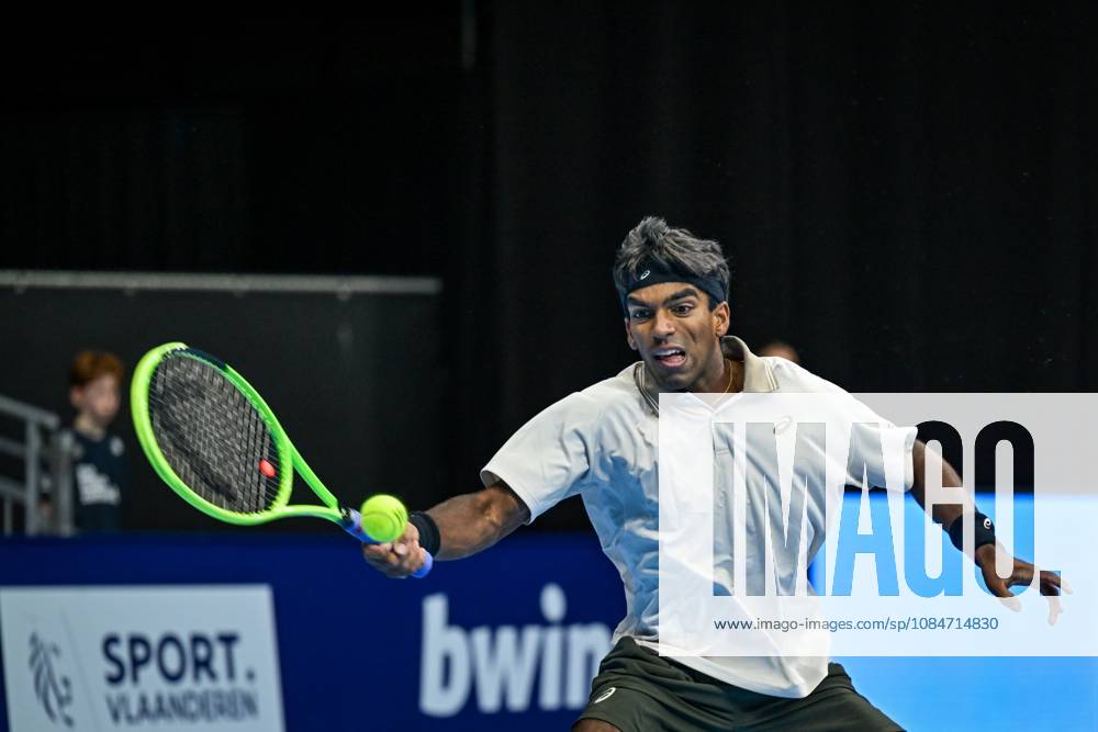 Nishesh Basavareddy of the United States pictured in action during the European Open ATP, Tennis Herren tennis tournament in Brussels, on Saturday 18 October. This year s edition of the tournament is taking place from 17 to 25 October DAVIDxPINTENS x190207972x