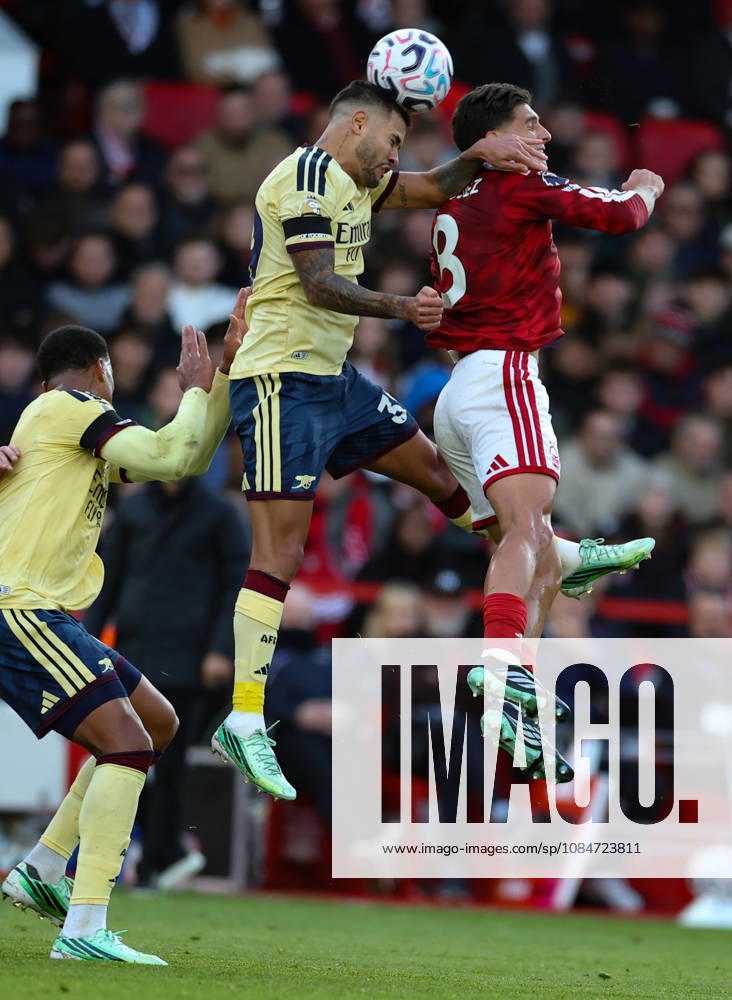 Nottingham Forest v Arsenal Premier League Bruno Guimaraes of Arsenal heads the ball and beats Nicolas Dominguez of Nottingham Forest in the air during the Premier League match at the City Ground, Nottingham 18 10 2026 UK Newspapers OUT