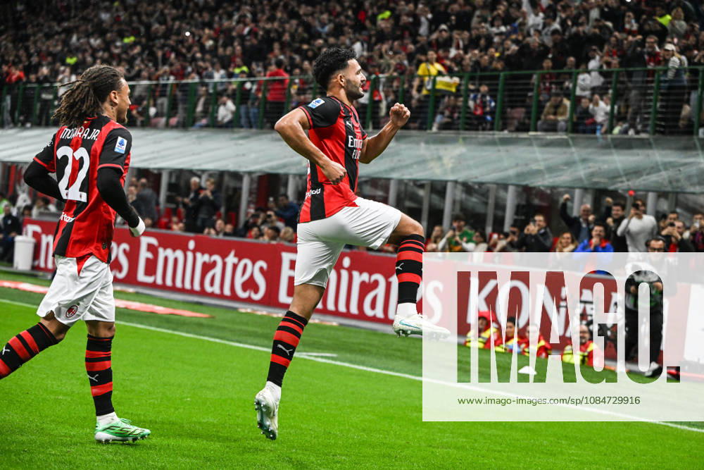 IPA89866862 - Goncalo Ramos of AC Milan celebrating after scoring a goal during the Italian Serie A soccer match between AC Milan and Atalanta BC on October 18, 2026, at the Giuseppe Meazza San Siro Stadium in Milan, Italy. Credit: Tiziano Ballabio