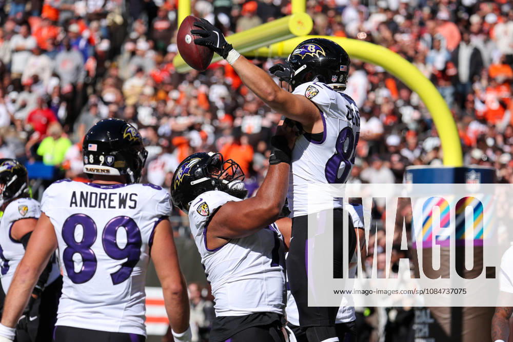 CLEVELAND, OH - OCTOBER 18: Baltimore Ravens tight end Josh Cuevas (85) celebrates with Baltimore Ravens guard Olaivavega Ioane (71) after catching a 2-yard touchdown pass during the first quarter of the National Football League game between the Baltimore Ravens and Cleveland Browns on October 18, 2026, at Huntington Bank Field in Cleveland, OH. (Photo by Frank Jansky Icon Sportswire) NFL, American Football Herren, USA OCT 18 Ravens at Browns Icon261018008