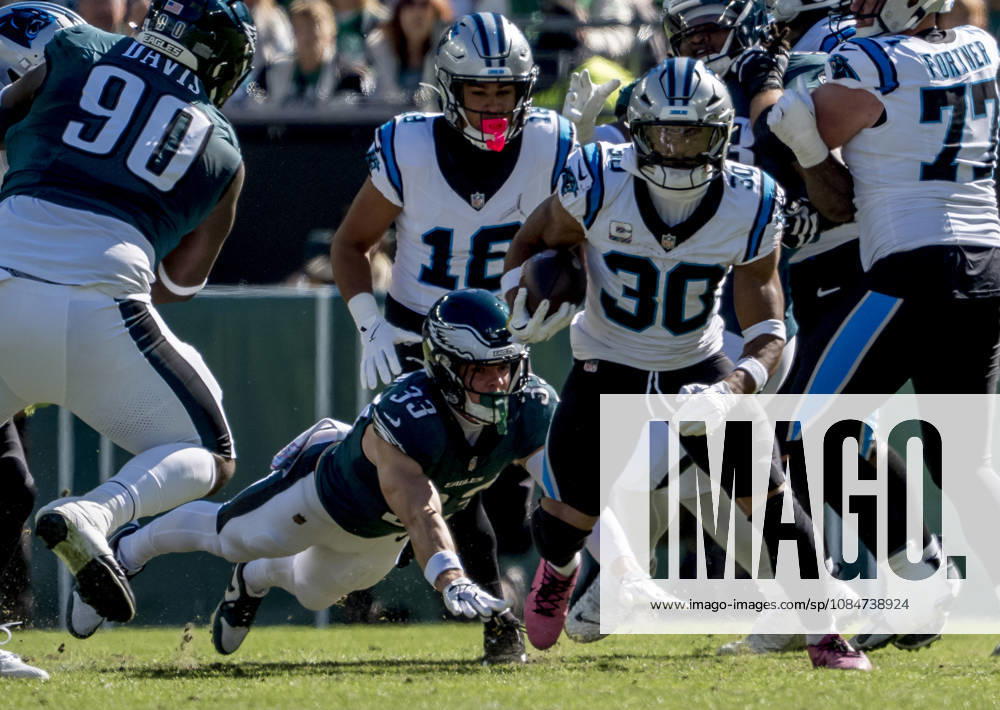 Oct 18, 2026; Philadelphia, PA, USA; Carolina Panthers running back Chuba Hubbard (30) runs the ball during the NFL, American Football Herren, USA football matchup between the Carolina Panthers and Philadelphia Eagles at Lincoln Financial Field. Mandatory Credit: -Cal Media NFL 2026: Panthers Vs Eagles OCT 18 - ZUMAcs17 20261018_faf_cs17_024