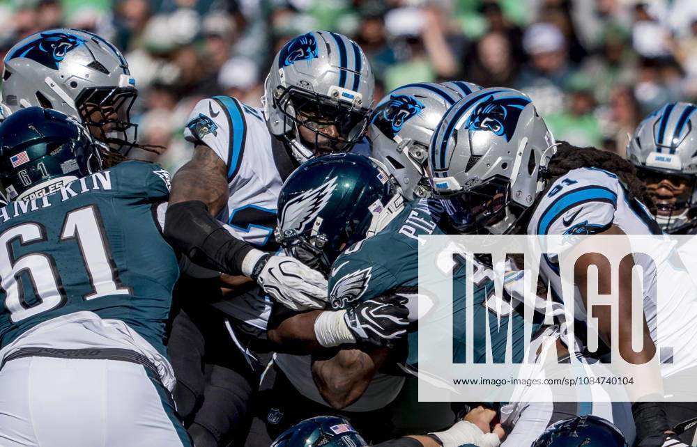 Oct 18, 2026; Philadelphia, PA, USA; Philadelphia Eagles running back Dameon Pierce (39) surrounded for a tackle during the NFL, American Football Herren, USA football matchup between the Carolina Panthers and Philadelphia Eagles at Lincoln Financial Field. Mandatory Credit: -Cal Media Philadelphia USA - ZUMAcs17 20261018_faf_cs17_030