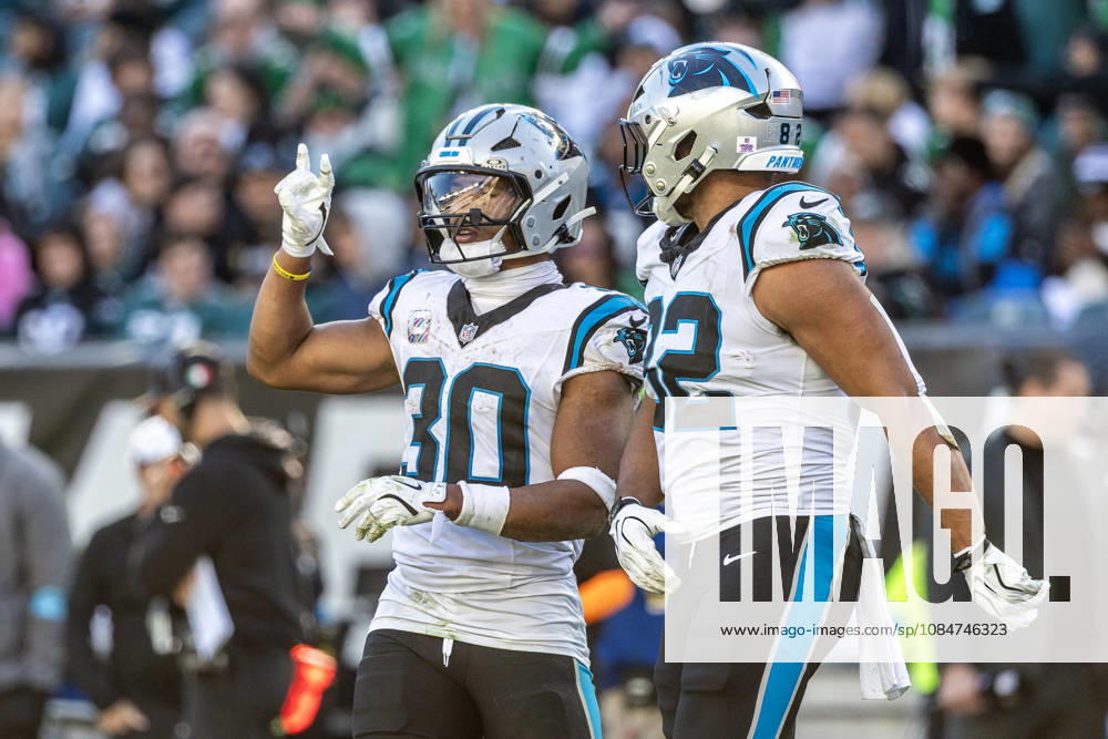 Carolina Panthers running back Chuba Hubbard (30) celebrates his touchdown with tight end Tommy Tremble (82) in the fourth quarter of NFL, American Football Herren, USA action against the Philadelphia Eagles at Lincoln Financial Field in Philadelphia, Pennsylvania on Sunday, October 18, 2016. The Panthers won 25-14. PHI20261018011 LAURENCExKESTERSON