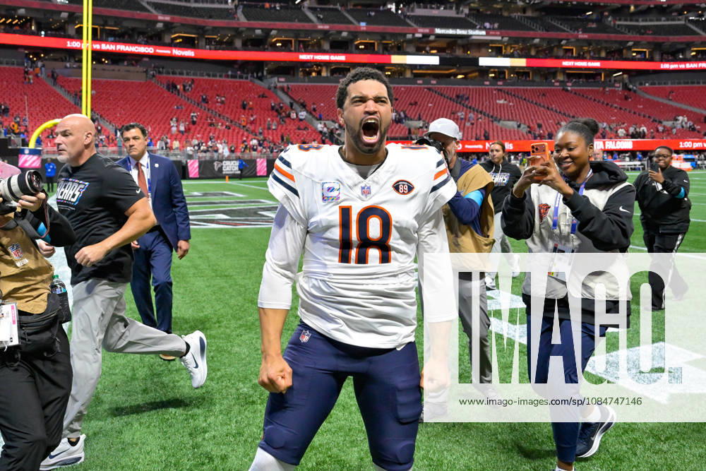 ATLANTA, GA - OCTOBER 18: Chicago quarterback Caleb Williams (18) reacts following the conclusion of the NFL, American Football Herren, USA game between the Chicago Bears and the Atlanta Falcons on October 18th, 2026 at Mercedes-Benz Stadium in Atlanta, GA. (Photo by Rich von Biberstein Icon Sportswire) NFL: OCT 18 Bears at Falcons Icon261018024