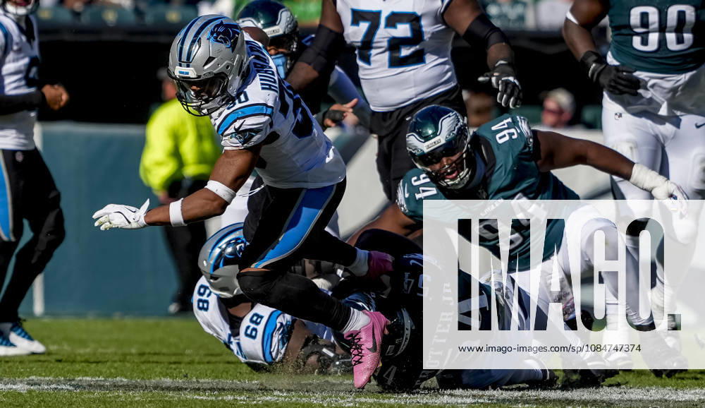 Oct 18, 2026; Philadelphia, PA, USA; Carolina Panthers running back Chuba Hubbard (30) rushes the ball during the NFL, American Football Herren, USA football matchup between the Carolina Panthers and Philadelphia Eagles at Lincoln Financial Field. The Panthers defeated the Eagles 25-14.Mandatory Credit: -Cal Media NFL 2026: Panthers Vs Eagles OCT 18 - ZUMAcs17 20261018_faf_cs17_044