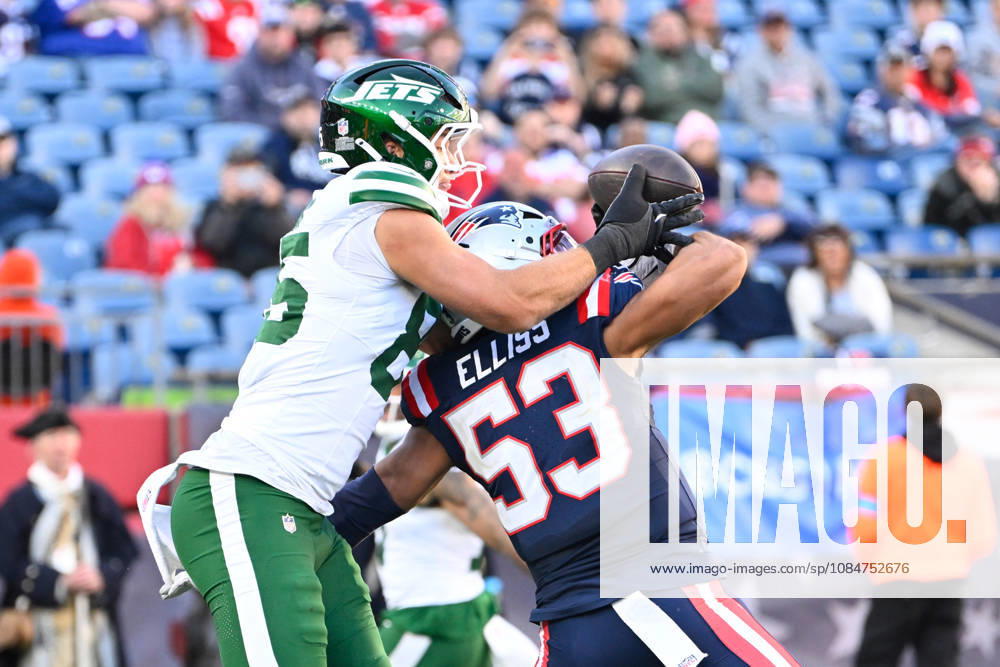 Oct 18, 2026; Foxborough, MA, USA; New England Patriots linebacker Christian Elliss (53) breaks up a pass to New York Jets tight end Mason Taylor (85) during the second half at Gillette Stadium. Mandatory Credit: -Cal Media Foxborough USA - ZUMAc04_ 20261018_zma_c04_037