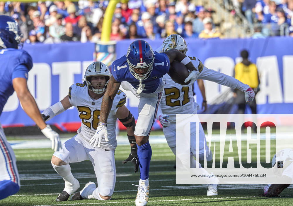 NFL, American Football Herren, USA 2026: Saints Vs Giants SEP 13 New York Giants wide receiver Malik Nabers (1) is tackled after a a catch and run during a NFL game at MetLife Stadium in East Rutherford, New Jersey. Duncan Williams CSM (Credit Image: Duncan Williams Cal Media) East Rutherford New Jersey United States