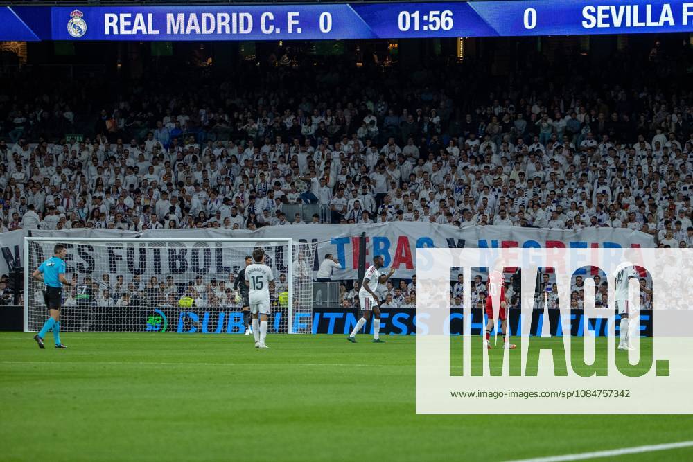 A banner with the slogan Itâ€⠢s not football, itâ€⠢s Tebas and Negreira is visible in the background during the La Liga EA SPORTS 2026-2027 match between Real Madrid and Sevilla..Final score: Real Madrid CF 4-1 Sevilla FC. Madrid Spain - ZUMAs197 20261018_aaa_s197_282