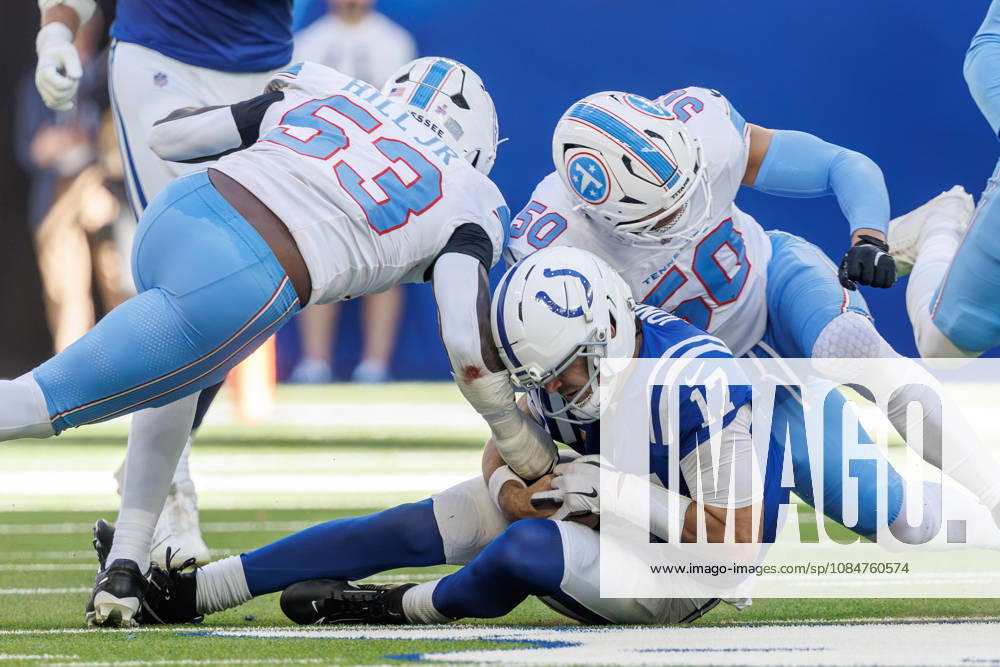 Indianapolis, Indiana, U.S: Indianapolis Colts quarterback Daniel Jones (17) slides under the oncoming hits from Tennessee Titans linebacker Anthony Hill Jr. (53) and Tennessee Titans linebacker Cody Barton (50) during the game between the Tennessee Titans and the Indianapolis Colts at Lucas Oil Stadium, Indianapolis, Indiana. Indianapolis U.S - ZUMAs304 20261018_zaf_s304_064