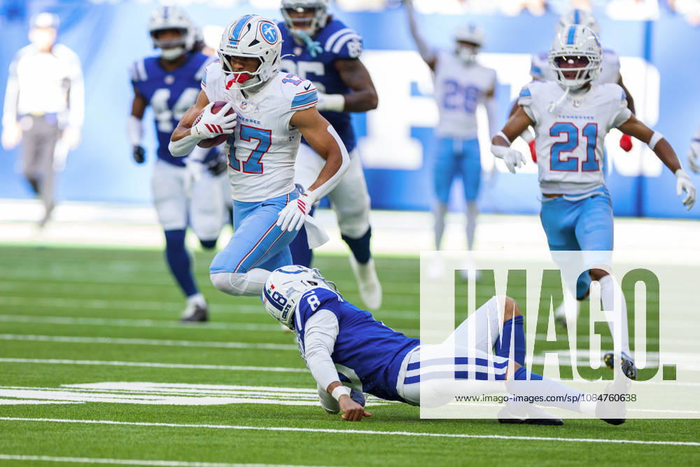 Oct 18, 2026; Indianapolis, IN, USA; Tennessee Titans wide receiver Chimere Dike (17) returns punt as Indianapolis Colts punter Rigoberto Sanchez (8) defends during NFL, American Football Herren, USA game action at Lucas Oil Stadium. Mandatory Credit: -Cal Media NFL 2026: Titans Vs Colts OCT 18 - ZUMAc04_ 20261018_zma_c04_333