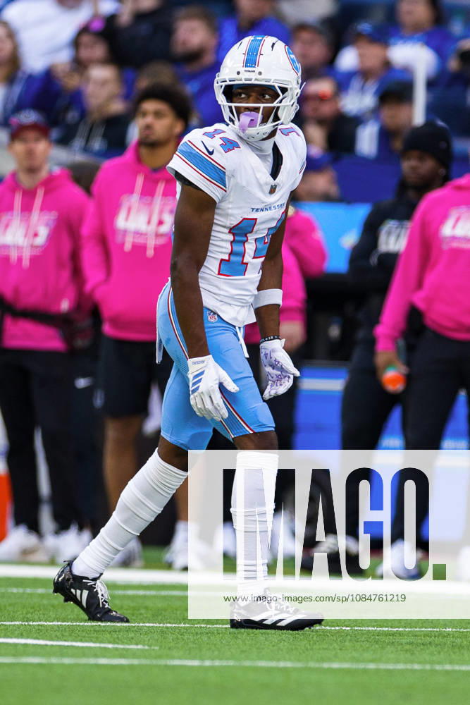 Oct 18, 2026; Indianapolis, IN, USA; Tennessee Titans wide receiver Carnell Tate (14) during NFL, American Football Herren, USA game action against the Indianapolis Colts at Lucas Oil Stadium. Mandatory Credit: -Cal Media Indianapolis USA - ZUMAc04_ 20261018_zma_c04_323