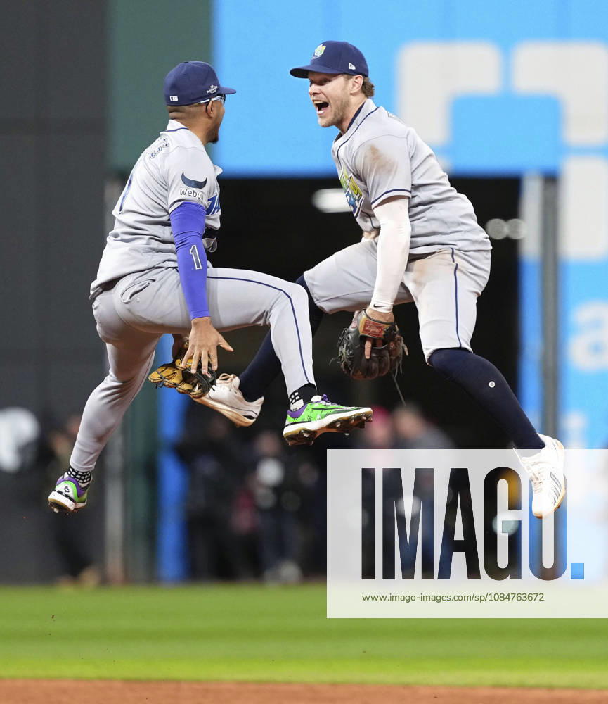 Baseball: Championship Series between Rays and Guardians Tampa Bay Rays shortstop Taylor Walls (R) and second baseman Richie Palacios celebrate a 3-1 victory over the Cleveland Guardians in Game 5 of the American League Championship Series in Cleveland, Ohio, on Oct. 18, 2026. A14AA0005631166P