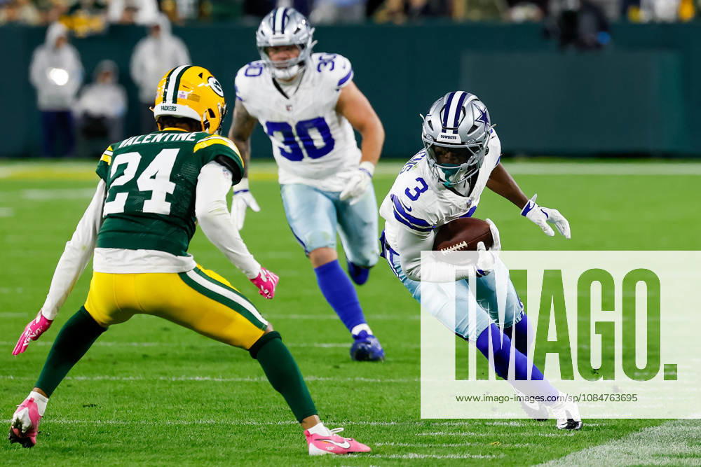 Oct 18, 2026; Green Bay, WI, USA; Dallas Cowboys wide receiver George Pickens (3) runs after making a catch during the NFL, American Football Herren, USA game against the Green Bay Packers at Lambeau Field. Mandatory Credit: -Cal Media. NFL 2026: Cowboys Vs Packers OCT 18 - ZUMAc04_ 20261018_zma_c04_468