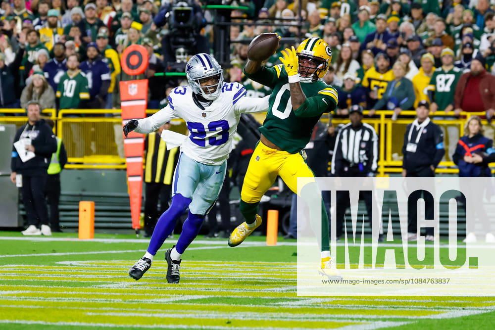 Oct 18, 2026; Green Bay, WI, USA; Green Bay Packers wide receiver Matthew Golden (0) catches a 9 yard touchdown pass during the NFL, American Football Herren, USA game against the Dallas Cowboys at Lambeau Field. Mandatory Credit: -Cal Media. NFL 2026: Cowboys Vs Packers OCT 18 - ZUMAc04_ 20261018_zma_c04_494