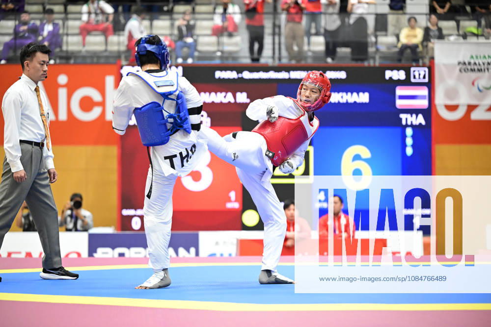 (L-R) KAENKHAM Thanwa (THA), Mitsuya Tanaka (JPN), OCTOBER 19, 2026 - Para Taekwondo : Mens K44 -58kg Quarter-Final during the Asian Para Games Aichi-Nagoya 2026 at Nagoya City Mizuho Park Gymnasium in Aichi, Japan. Noxthirdxpartyxsales aflo_357271141 KikuchixKyox