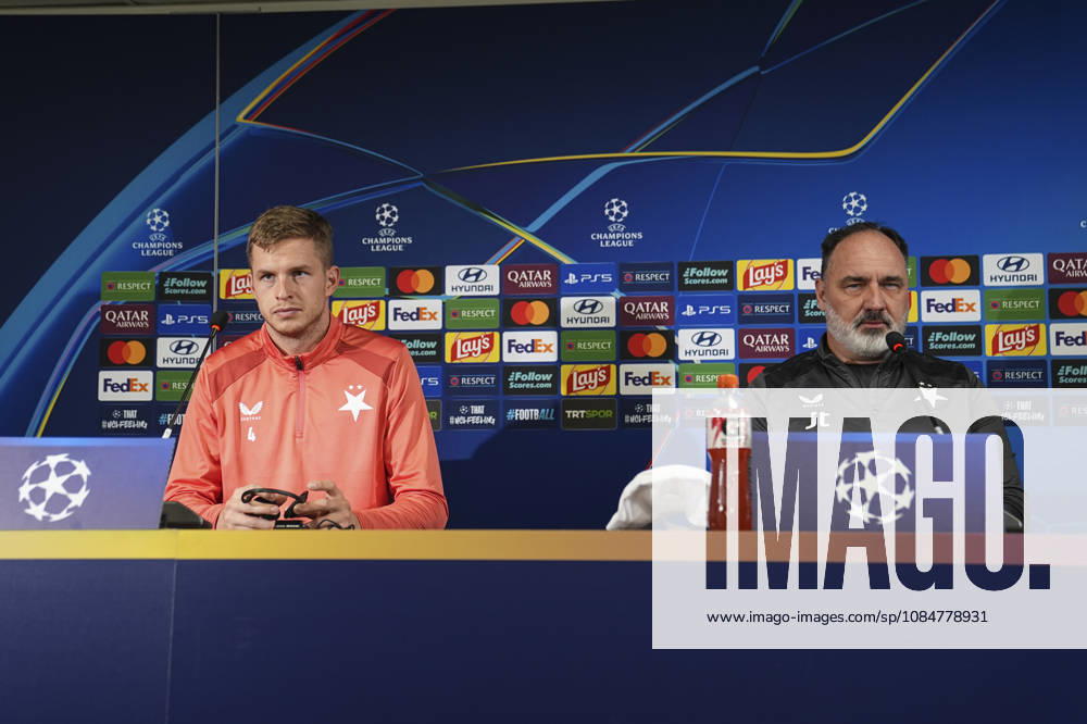 Ahead of Fenerbahce v Slavia Prague - UEFA Champions League ISTANBUL, TURKIYE - OCTOBER 19 : Slavia Prague Head Coach Jindrich Trpisovsky (R) and player David Zima (L) attend a press conference, PK, Pressekonferenz at Chobani Stadium ahead of the UEFA Champions League matchday 3 fixture against Fenerbahce on October 19, 2026 in Istanbul, Turkiye. Beyza Comert Anadolu Istanbul Turkey. Editorial use only. Please get in touch for any other usage.