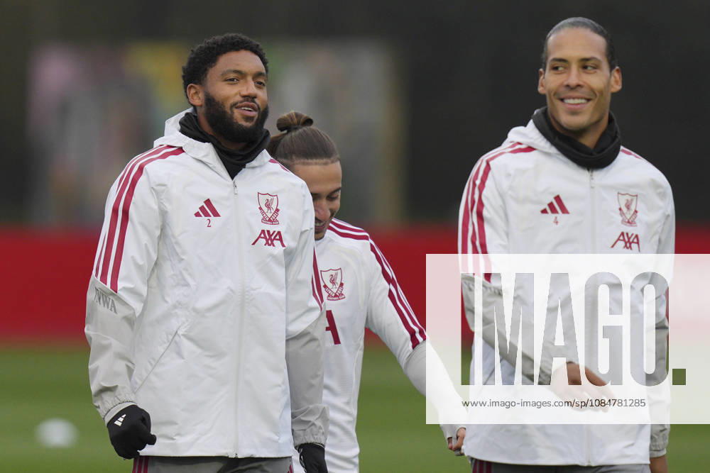 Liverpool Training, Champions League Joe Gomez of Liverpool FC jokes with Virgil van Dijk of Liverpool FC as they warm up before the Liverpool Training Session ahead of the UEFA Champions League Matchday 3 v Villarreal CF, AXA Training Centre, Liverpool, United Kingdom on 19 October 2026 Credit: Steve Flynn Every Second Media Editorial use only. All images are copyright Every Second Media Limited. No images may be reproduced without prior permission.