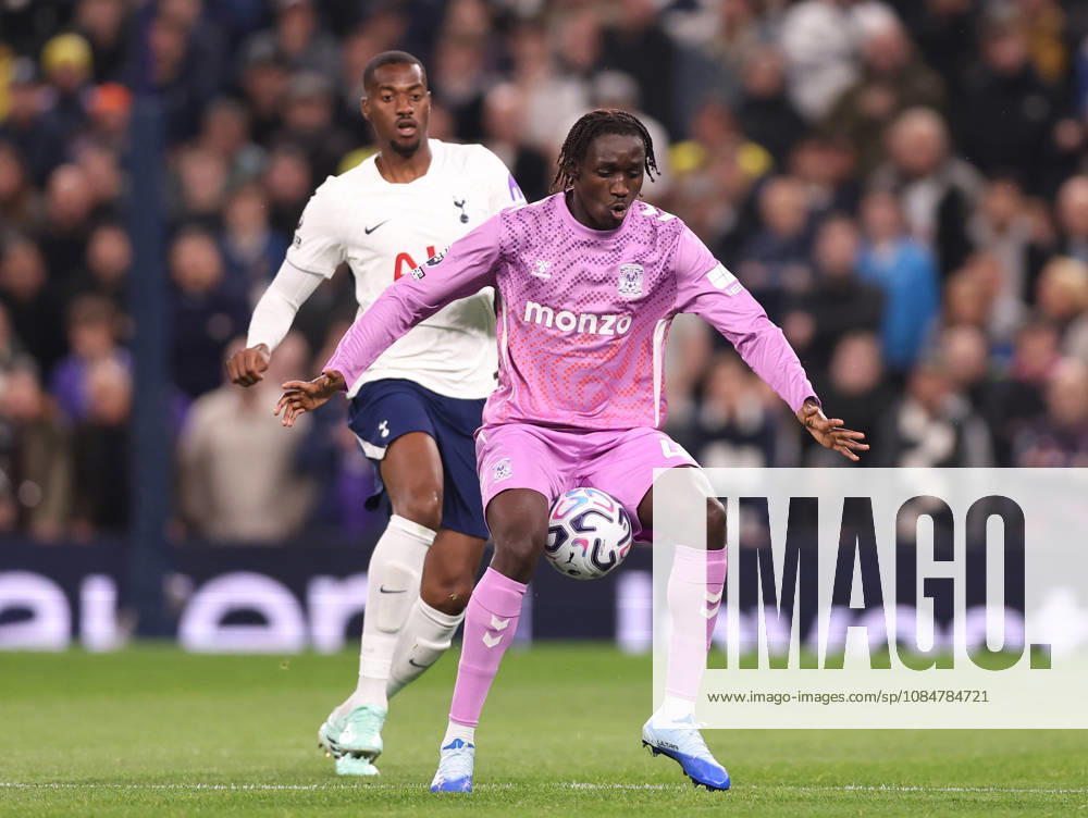 London, England, 19th October 2026. Sidiki Cherif of Coventry City holds the ball up from Tosin Adarabioyo of Tottenham during the Tottenham Hotspur vs Coventry City Premier League match at the Tottenham Hotspur Stadium, London. Picture credit should read: David Klein Sportimage . SPI_017_DK_Spurs_Cov SPI-5085-0019