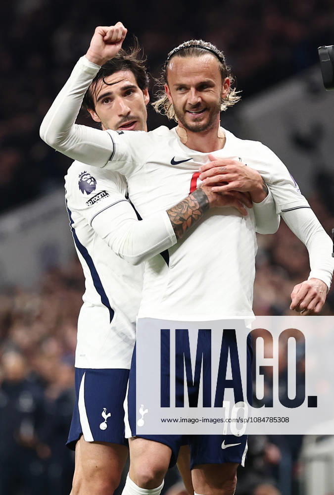 London, England, 19th October 2026. James Maddison of Tottenham (r) celebrates scoring the first goal with Sandro Tonali of Tottenham (l) during the Tottenham Hotspur vs Coventry City Premier League match at the Tottenham Hotspur Stadium, London. Picture credit should read: David Klein Sportimage . SPI_023_DK_Spurs_Cov SPI-5085-0025
