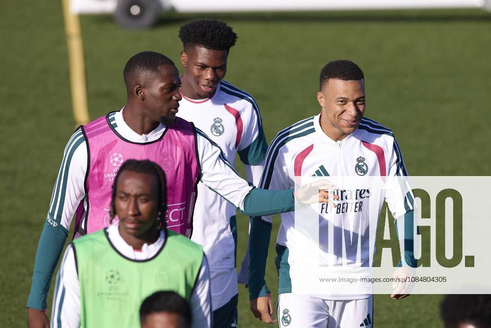 (From L to R) Ibrahima Konate, Aurelien Tchouameni and Kylian Mbappe (Real Madrid CF) are seen in action during a training session on the eve of the UEFA Champions League 2026 2027 match between Real Madrid CF and RB Leipzig..Real Madrid CF is holding its final training session ahead of its third UEFA Champions League game. Madrid Spain - ZUMAs197 20261020_aaa_s197_010