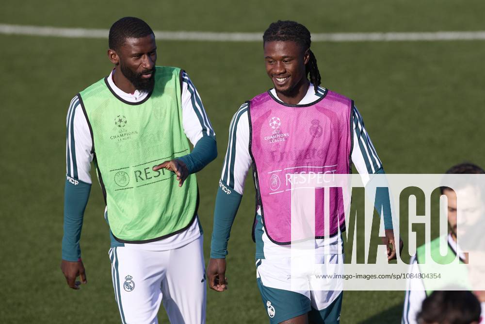 (From L to R) Antonio Rudiger and Eduardo Camavinga (Real Madrid CF) are seen in action during a training session on the eve of the UEFA Champions League 2026 2027 match between Real Madrid CF and RB Leipzig..Real Madrid CF is holding its final training session ahead of its third UEFA Champions League game. Madrid Spain - ZUMAs197 20261020_aaa_s197_016