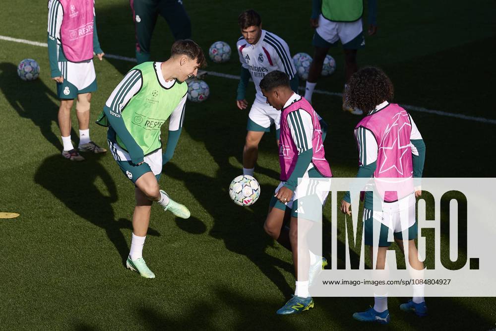 UEFA Champions League 2026 2027 - Real Madrid CF training session in Madrid, Spain - 20 Oct 2026 (From L to R) Carlos Espi, Endrick and Marc Cucurella (Real Madrid CF) are seen in action during a training session on the eve of the UEFA Champions League 2026 2027 match between Real Madrid CF and RB Leipzig. Real Madrid CF is holding its final training session ahead of its third UEFA Champions League game. Madrid Spain