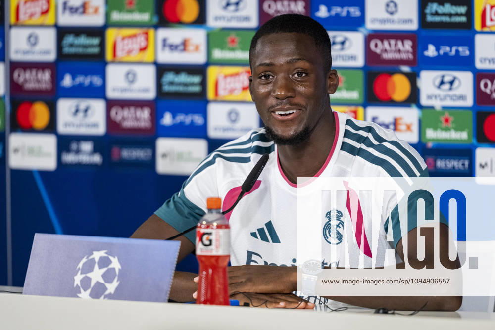 Real Madrid CF Training Session And press conference, PK, Pressekonferenz - UEFA Champions League 2026 27 League Phase MD3 MADRID, SPAIN - OCTOBER 20: Ibrahima Konate of Real Madrid CF is seen speaking during the press conference on day ahead of the UEFA Champions League 2026 27 League Phase MD3 at Ciudad Real Madrid on October 20, 2026 in Valdebebas, Spain. Valdebebas Ciudad Real Madrid Madrid Spain