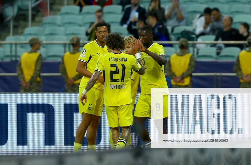 Sabah FC v Borussia Dortmund - UEFA Champions League BAKU, AZERBAIJAN - OCTOBER 20: Players of Borussia Dortmund celebrate after a goal during UEFA Champions League week 3 football match between Sabah FC and Borussia Dortmund at Baku Olympic Stadium in Baku, Azerbaijan on October 20, 2026. Resul Rehimov Anadolu Baku Azerbaijan. Editorial use only. Please get in touch for any other usage.