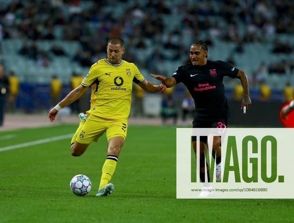 Sabah FC v Borussia Dortmund - UEFA Champions League BAKU, AZERBAIJAN - OCTOBER 20: Du Gueiroz of Sabah FC in action against Anton Valdemar of Borussia Dortmund during UEFA Champions League week 3 football match between Sabah FC and Borussia Dortmund at Baku Olympic Stadium in Baku, Azerbaijan on October 20, 2026. Resul Rehimov Anadolu Baku Azerbaijan. Editorial use only. Please get in touch for any other usage.