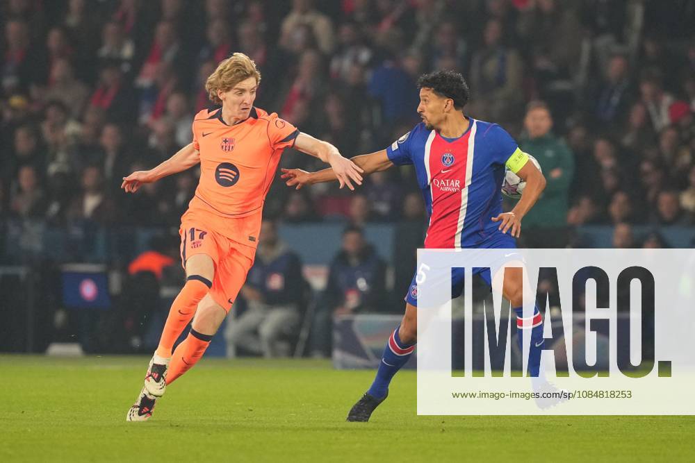 Anthony Gordon of Barcelona takes on Marquinhos of PSG Paris Saint-Germain v Barcelona, UEFA Champions League, Football, Parc des Princes, Paris, France - 20 Oct 2026Paris Parc des Princes France