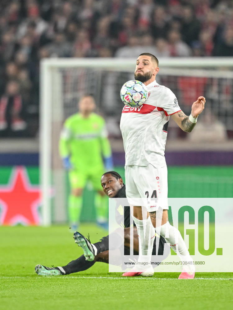 Jonathan David (Atletico Madrid) and Jeff Chabot (VfB Stuttgart) battle for the ball during the UEFA Champions League 2026 2027 match between Stuttgart and Atlético de Madrid at Arena Stuttgart on October 20, 2026 in Stuttgart, Germany. (Photo by Harry Langer DeFodi Images) -