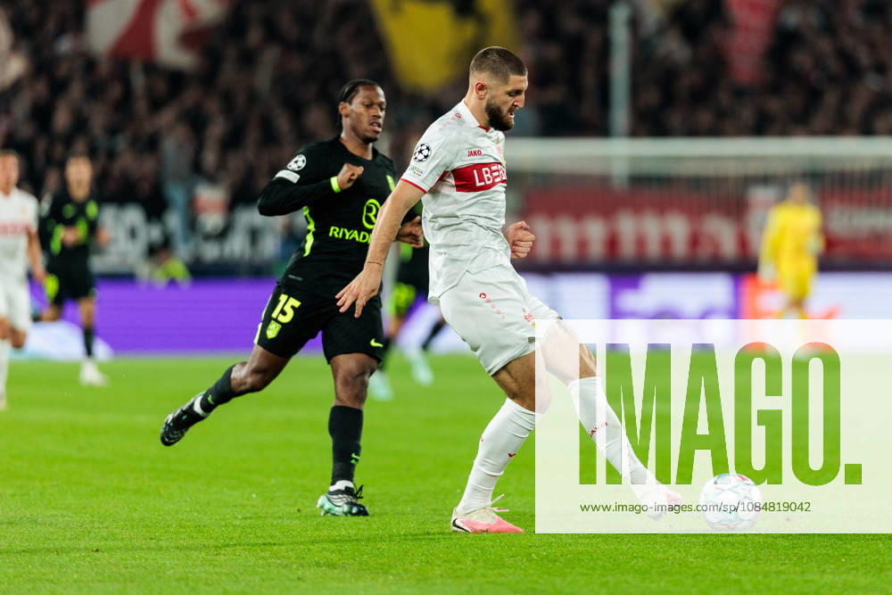 Jeff Chabot (VfB Stuttgart, 24) controls the ball against Jonathan David (Atletico de Madrid, 15) during the UEFA Champions League match between VfB Stuttgart vs. Atletico de Madrid at Arena Stuttgart on matchday 3 of the UEFA Champions League on October 20, 2026 in Stuttgart, Germany. Baden-Wuerttemberg Germany