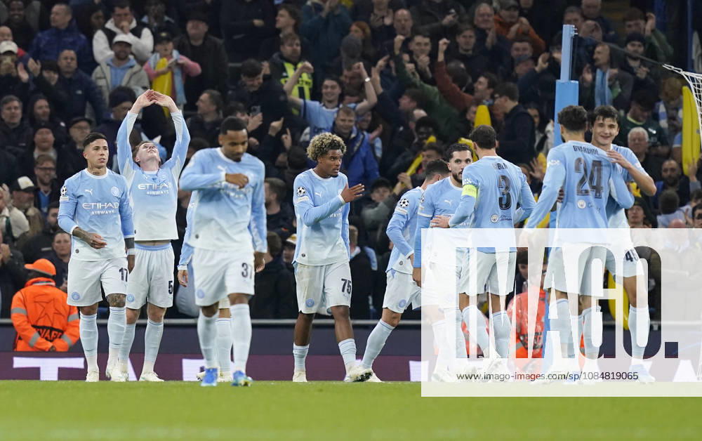 Manchester, England, 20th October 2026. Elliot Anderson of Manchester City (2l) celebrates scoring the first goal during the Manchester City vs AEK Athens UEFA Champions League match at the Etihad Stadium, Manchester. Picture credit should read: Andrew Yates Sportimage . SPI_027_AY_ManCity__Athens SPI-5090-0027