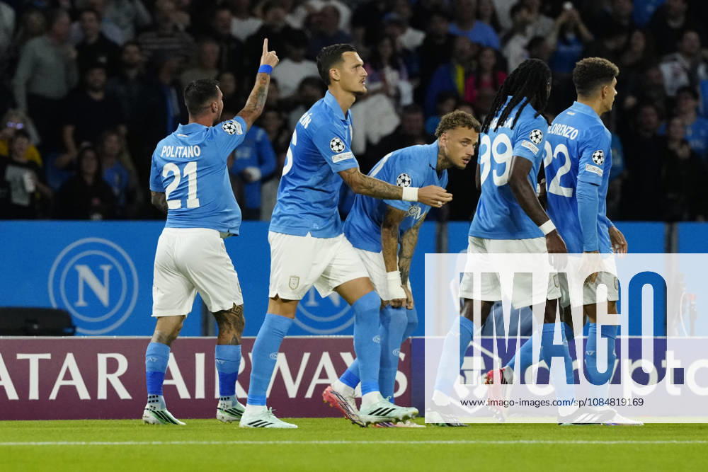SSC Napoli v FK Bodo Glimt - UEFA Champions League Matteo Politano of SSC Napoli celebrates with team mates after scoring during the UEFA Champions League match between SSC Napoli and FK Bodo Glimt at Diego Armando Maradona Stadium Naples Italy on 20 October 2026. Naples Campania Italy