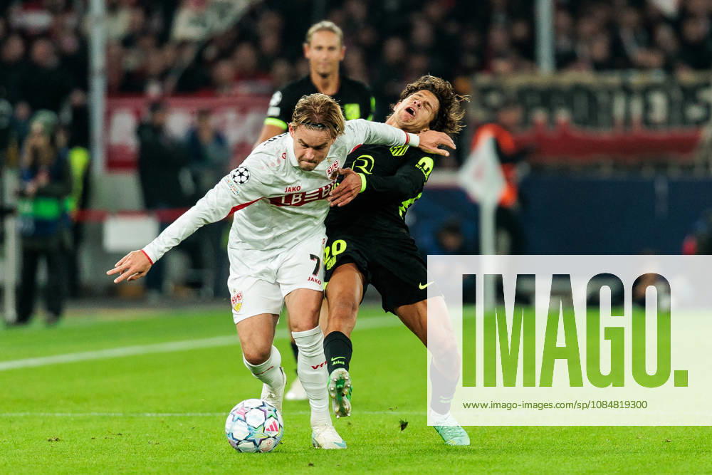 Maximilian Mittelstaedt (Mittelstädt, Mittelstadt, VfB Stuttgart, 7) controls the ball against Giuliano Simeone (Atletico de Madrid, 20) during the UEFA Champions League match between VfB Stuttgart vs. Atletico de Madrid at Arena Stuttgart on matchday 3 of the UEFA Champions League on October 20, 2026 in Stuttgart, Germany. Baden-Wuerttemberg Germany