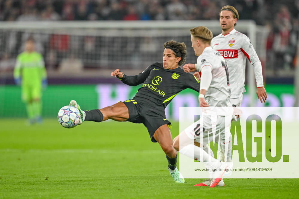 Giuliano Simeone (Atletico Madrid) and Chris Fuehrich (VfB Stuttgart) battle for the ball during the UEFA Champions League 2026 2027 match between Stuttgart and Atlético de Madrid at Arena Stuttgart on October 20, 2026 in Stuttgart, Germany. (Photo by Harry Langer DeFodi Images) -