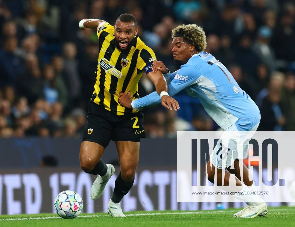 Harold Moukoudi of AEK Athens and Floyd Samba of Manchester City Manchester City v AEK Athens, UEFA Champions League, Football, Etihad Stadium, Manchester, UK - 20 Oct 2026Manchester Etihad Stadium United Kingdom