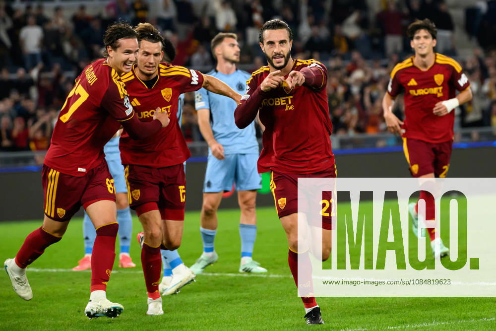Mario Hermoso of AS Roma celebrates with Daniele Ghilardi and Marten De Roon after scoring the goal of 1-0 during the UEFA Champions League 2026 2027 football match between AS Roma and Slovan Bratislava at Stadio Olimpico in Rome (Italy), October 20, 2026. AndreaxStaccioli