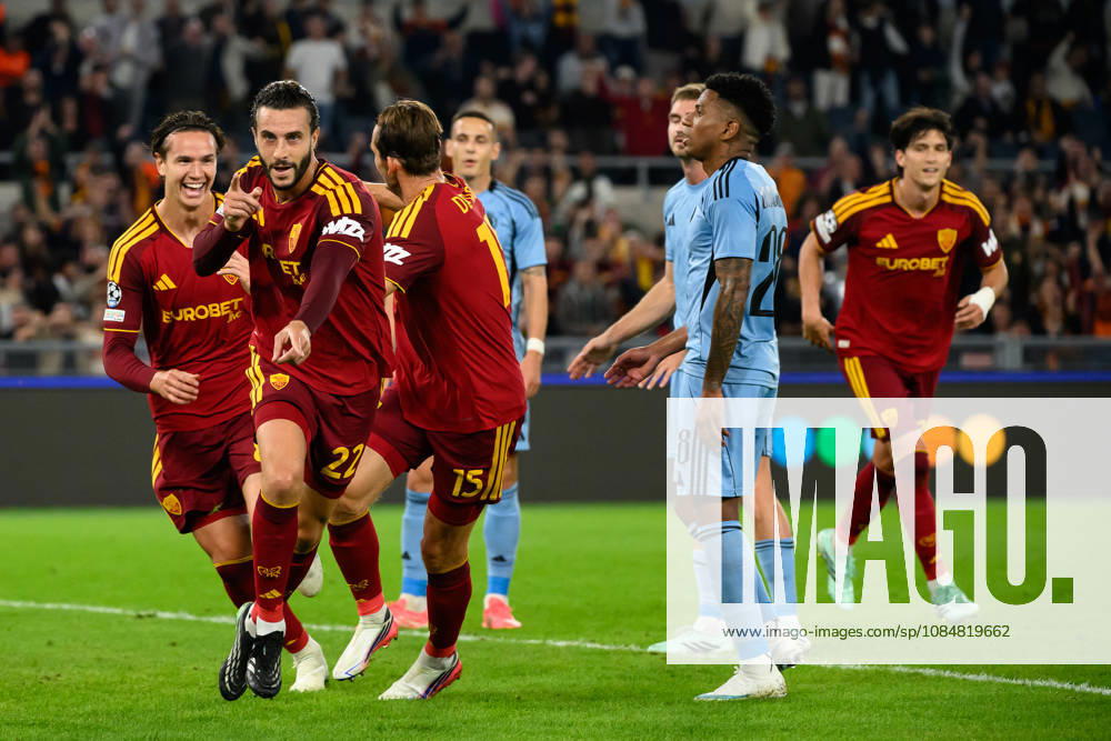 Mario Hermoso of AS Roma celebrates with Daniele Ghilardi and Marten De Roon after scoring the goal of 1-0 during the UEFA Champions League 2026 2027 football match between AS Roma and Slovan Bratislava at Stadio Olimpico in Rome (Italy), October 20, 2026. AndreaxStaccioli