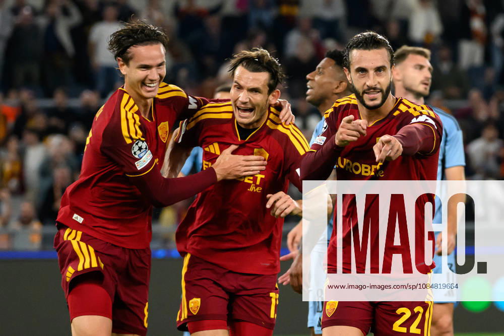 Mario Hermoso of AS Roma celebrates with Daniele Ghilardi and Marten De Roon after scoring the goal of 1-0 during the UEFA Champions League 2026 2027 football match between AS Roma and Slovan Bratislava at Stadio Olimpico in Rome (Italy), October 20, 2026. AndreaxStaccioli